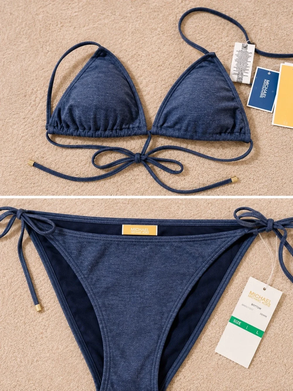 NWT MICHAEL Michael Kors Denim Blue String Bikini Set Size L